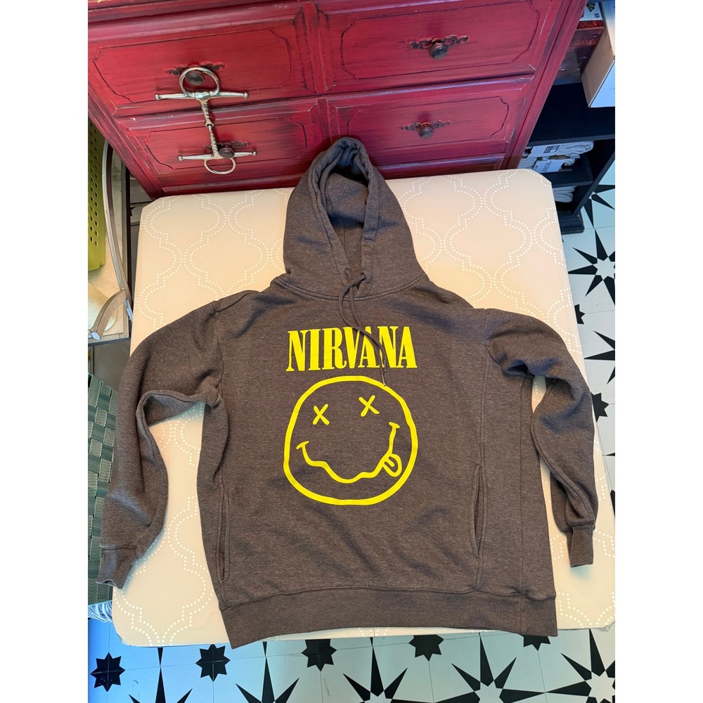 Nirvana Hoodie Iconic Yellow Smiley Face Logo Charcoal Grey Kids L Adult S - Picture 3 of 6